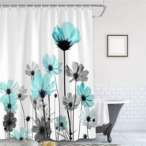 Teal Shower Curtain Rustic Elegant Floral Turquoise And Gray Daisy