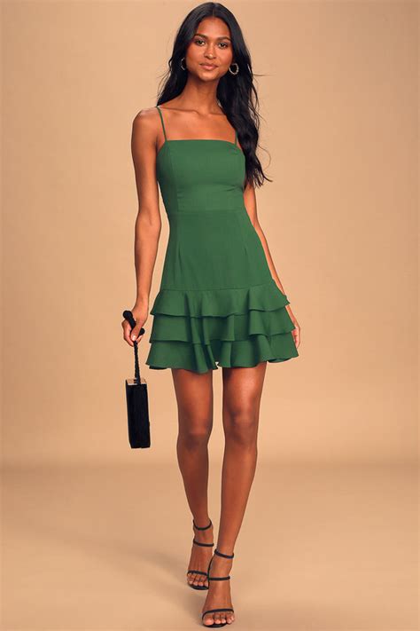 Forest Green Dress Ruffled Mini Dress Trendy Tiered Dress