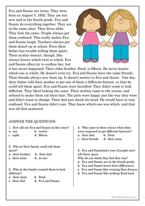 One Click Print Document Reading Comprehension Worksheets English