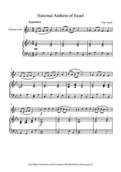Hatikvah Israeli National Anthem Sheet Music For Clarinet