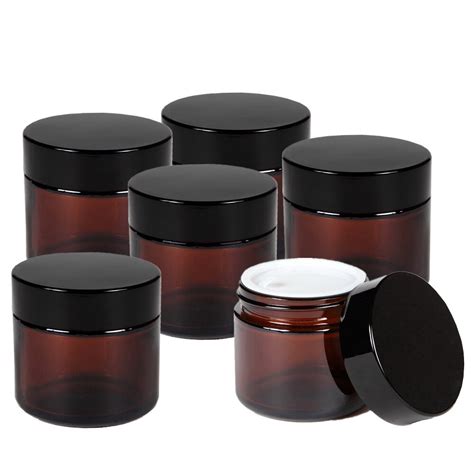 6 X 50g Round Amber Glass Jar Straight Sided Cream Jars W Black