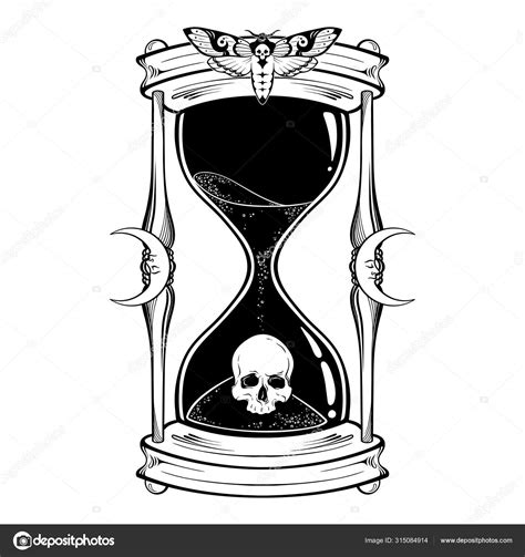human skull in hourglass isolated sticker print or blackwork tattoo hand drawn vector