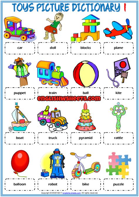 Toys Esl Printable Picture Dictionary Worksheets For Kids Preschool