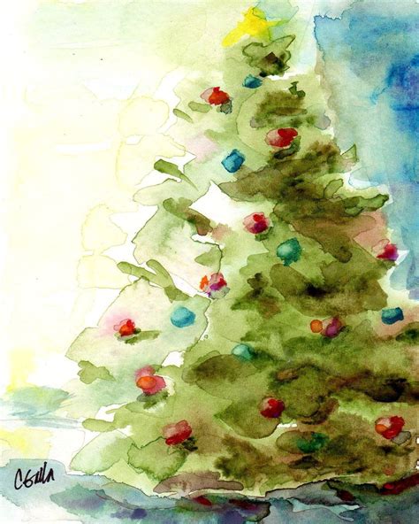 Christmas Tree Holiday Print From Original Watercolor 8 X 10 Aquarell