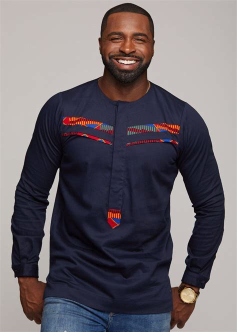 Emeka Mens Long Sleeve Traditional Shirt Blue Red Kente Diyanu