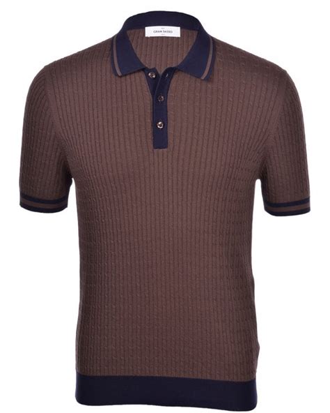 Gran Sasso Mens Brown Cable Knit Polo Shirt