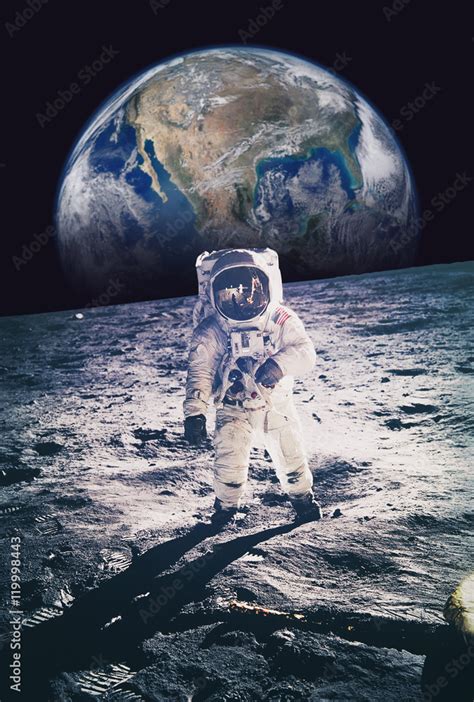Astronaut Walking On Moon With Earth In Background Elements Of Stock