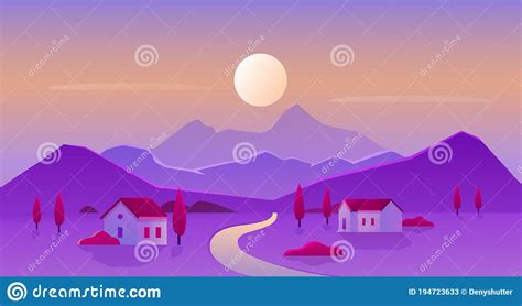 Sunrise Or Sunset Village Landscape Vector Illustration Cartoon Flat