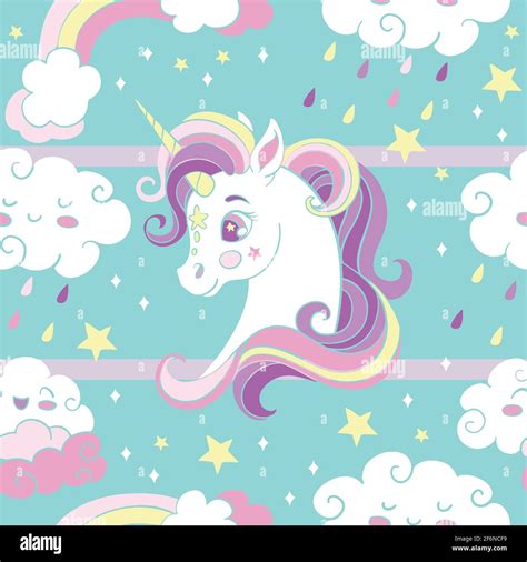 Seamless Pattern With Heads Of Unicorn And Rainbow Rain Clouds On