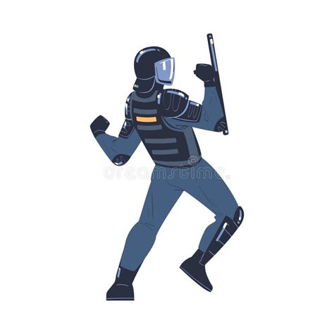 riot police officer and squad member in uniform and helmet with baton fighting vector