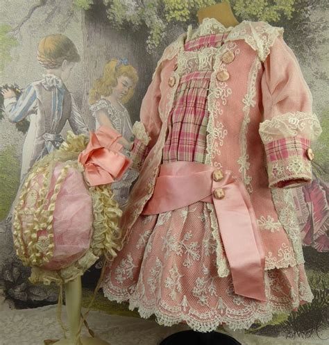 French Pink Satin And Lace Antique Doll Dress With Matching Bonnet For