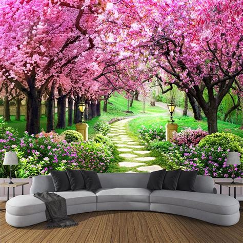 Cherry Blossom Tree Lined Walkway Wallpaper Mural Custom Sizes Availa