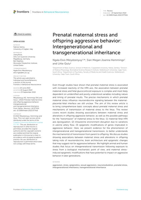 Pdf Prenatal Maternal Stress And Offspring Aggressive Behavior
