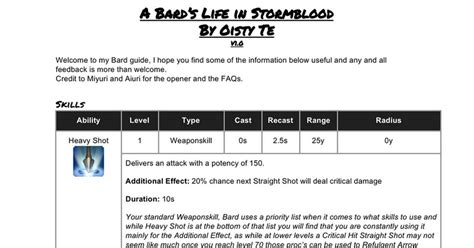 The word bard ordinarily puts folk in mind of those itinerant minstrels, fair of voice and nimble of finger, who earn their coin performing in taverns and the halls of great lords. A Bard's Life in Stormblood (A bard guide for Stormblood) : ffxiv