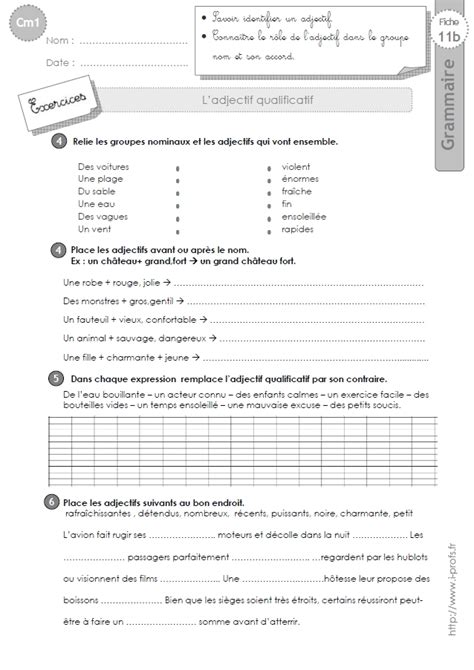 Exercices adjectifs qualificatifs à imprimer. cm1: Exercices L'adjectif qualificatif