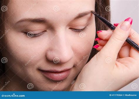 Makeup Artist Brings Eyebrow Brush Model Stock Photo Image Of Brush