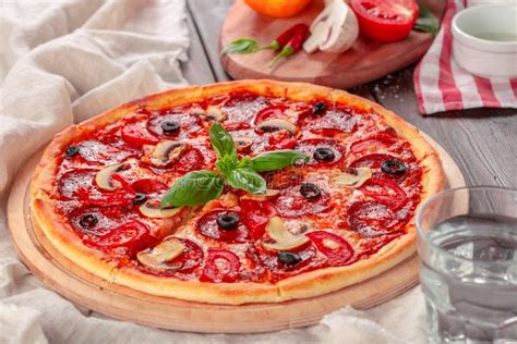 Delicious Fresh Pizza Served On Wooden Table Creative Photo Stock