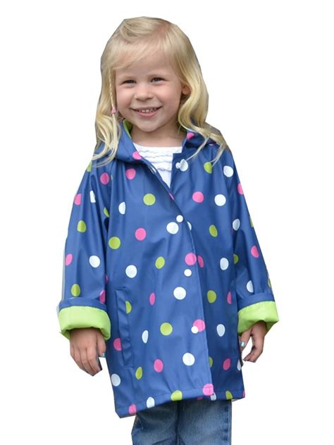 Foxfire Girls Navy Shiny Polka Dotted Print Trendy Raincoat 8