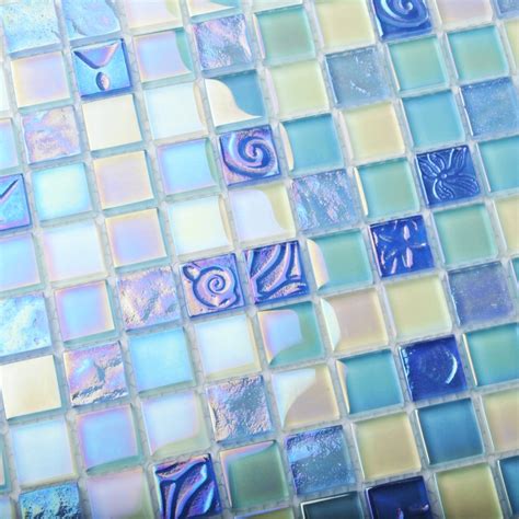 Tst Crystal Glass Tiles Beach Blue Iridescent Mosaic Lovely Wave Flower