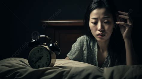 امرأة تنام مع المنبه على السرير في الظلام امرأة لديها صعوبة في