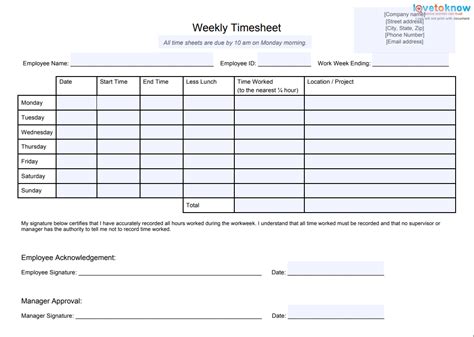 Printable Weekly Timesheet Template Collection