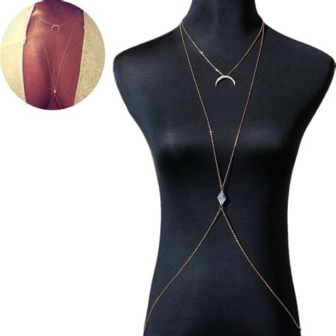 Sexy Sparkles Bikini Beach Crossover Harness Necklace Link Cable Chain Gold Plated Moon Pendant