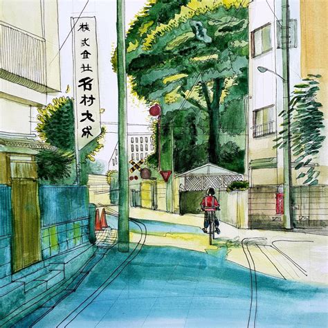 Japanese Street Crayon Pencil Drawing On Paper Watercolour Paint