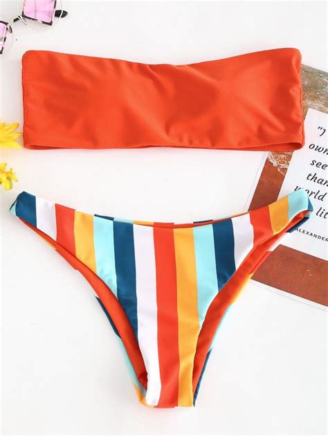 Rainbow Bandeau Striped Tube Thong Bikini Set Gagodeal Swimwear Model Swimwear Brands
