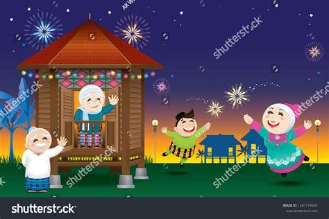 Muslim Boy Girl Playing Fireworks During Stock Illustration 1281773692