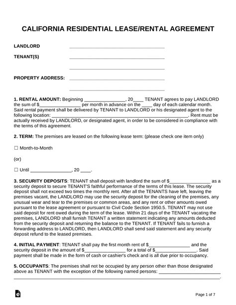 Rental Lease Agreement Free Printable California