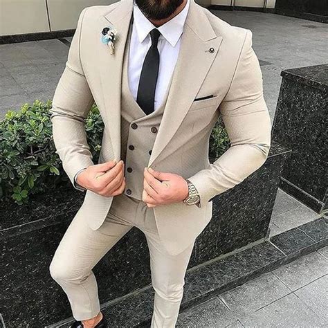 Slim Fit Beige Mens 3 Piece Suit For Wedding Tuxedos Groomsmen Business Party Prom Blazer