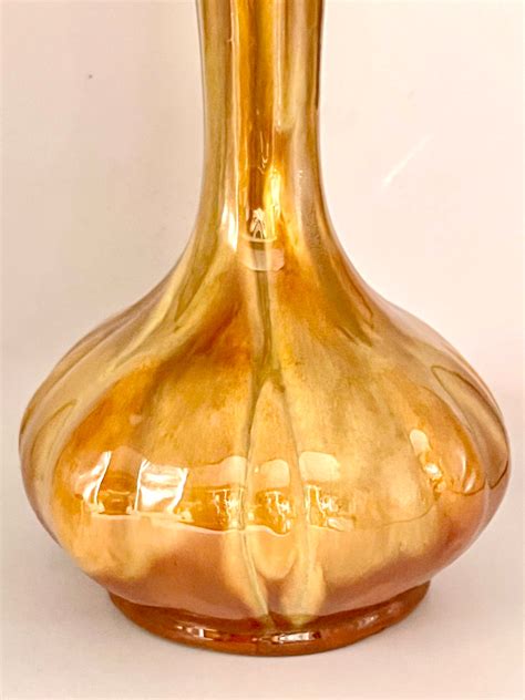 1970s Harvest Gold Drip Glass Vase Tall Neck Blue Etsy