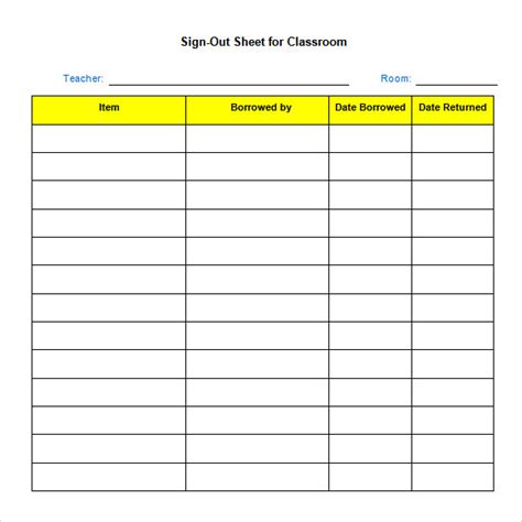 Printable Sign Out Sheet Template