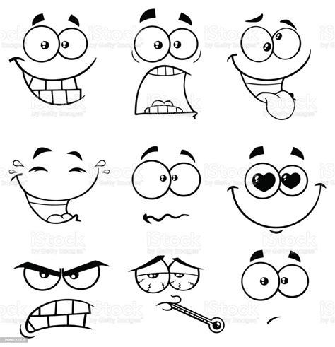 Black And White Cartoon Funny Face With Expression 2 Collection Set