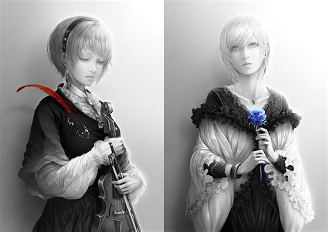 Hd Wallpaper Anime Girl Semi Realistic Violin Monochrome Feather