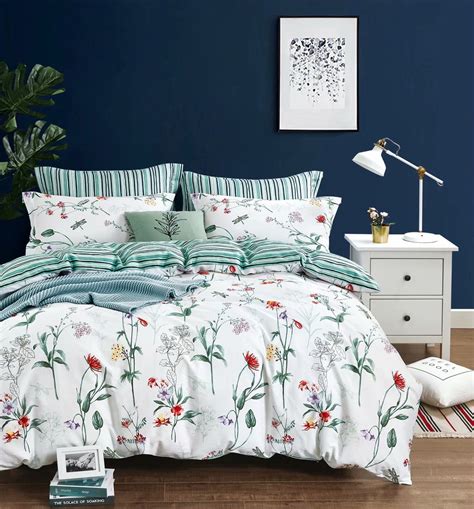 Swanson Beddings Floral And Green Stripes Reversible 3 Piece 100 Cotton Bedding Set Duvet