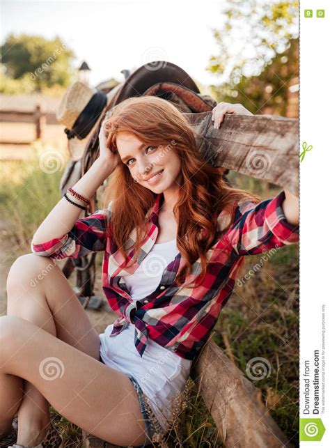 Cheerful Cute Young Woman Cowgirl Siting On Farm Stock Image Image Of