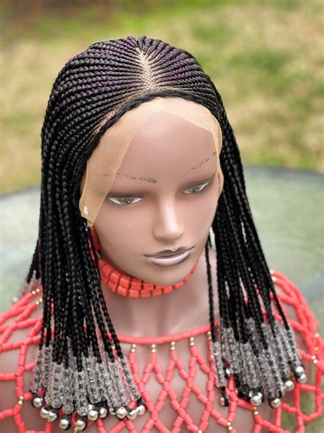 Braided Cornrow Wig With Beads Made On A Frontalwigs For Etsy