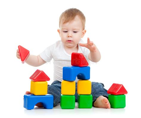 Little Funny Child Playing With Building Blocks Stock Image Image Of