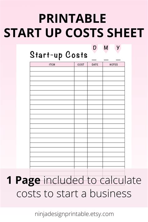 Printable Start Up Cost Sheet For Business Etsy Canada Business