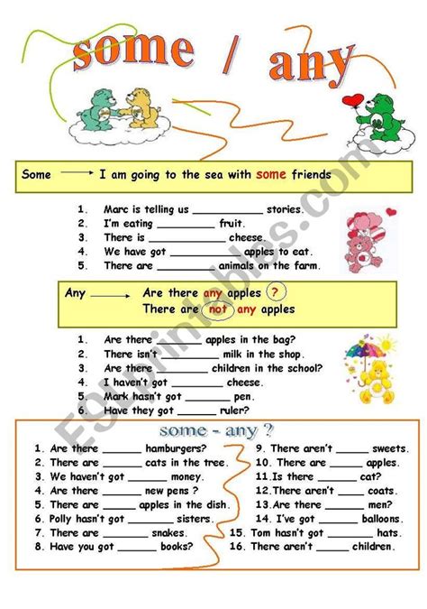 Some Any Worksheet With Pictures And Words For Children To Use In The