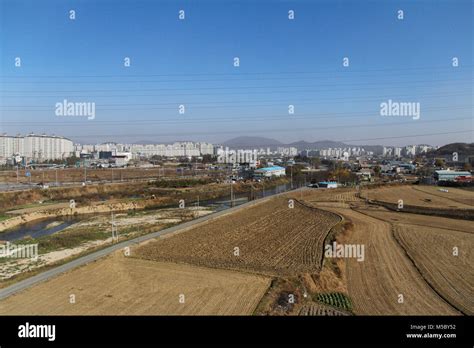 Aerial View Of South Korea Countryside And Crop Field In Autumn Through