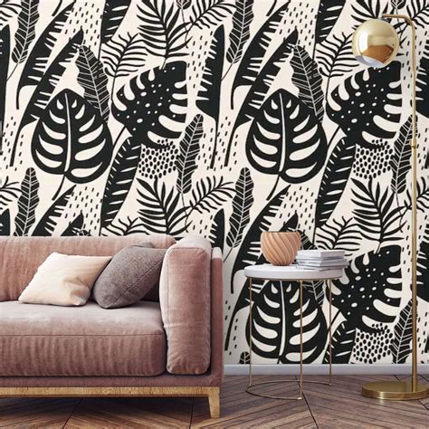 Wallpaper Botanical Peel And Stick Tropical Leaves Wall Mural Etsy