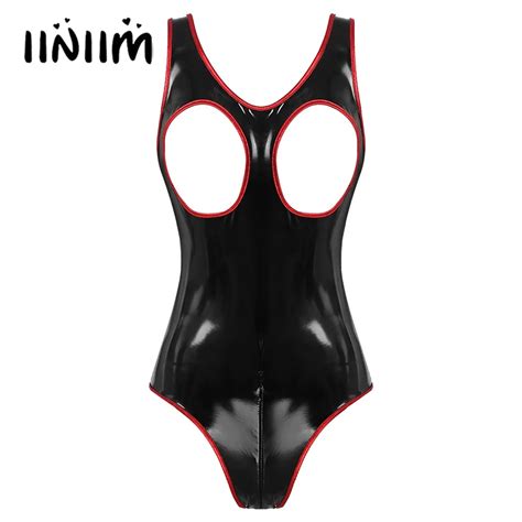 Womens Lingerie Open Cup Zipper Crotch Bodysuit Glossy Patent Leather Erotic Sexy Teddies U Neck