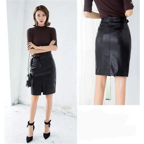 Jual Corta Rok Kulit Sintetis Midi Skirt Leather Skirt Model Pensil Wrap Body Pas Badan Aksen