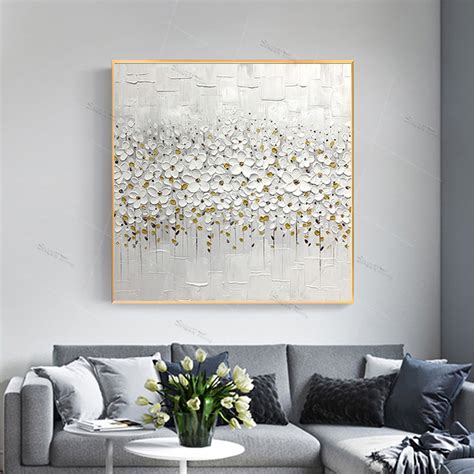Framed Abstract Flower Painting White Texture Canvas Wall Art Etsy
