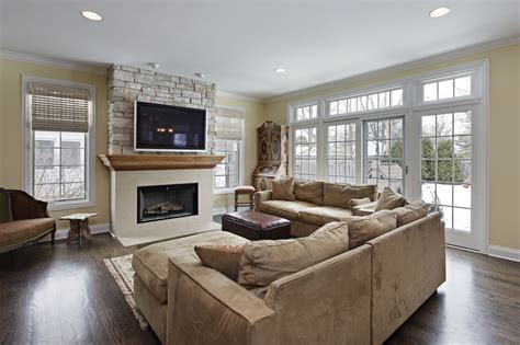 Tv On Stone Above Gas Fireplace Large Open Windows And Recessed