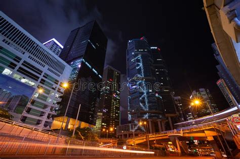 Hong Kong City Night Cityscape With Blurred Car Lights Editorial Image