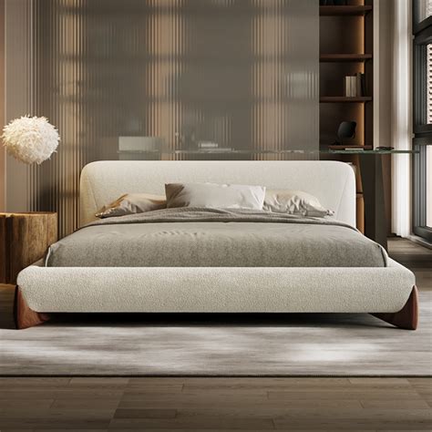Modern White Boucle Platform Bed King Size Bed Frame With Upholstered Headboard Bedroom