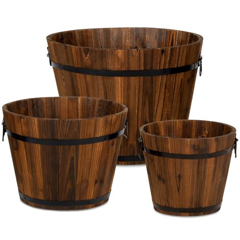 Best Choice Products Set Of Rustic Wood Bucket Barrel Flower Garden